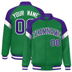 Custom Kelly Green Purple-White Varsity Full-Snap Color Block Letterman Jacket