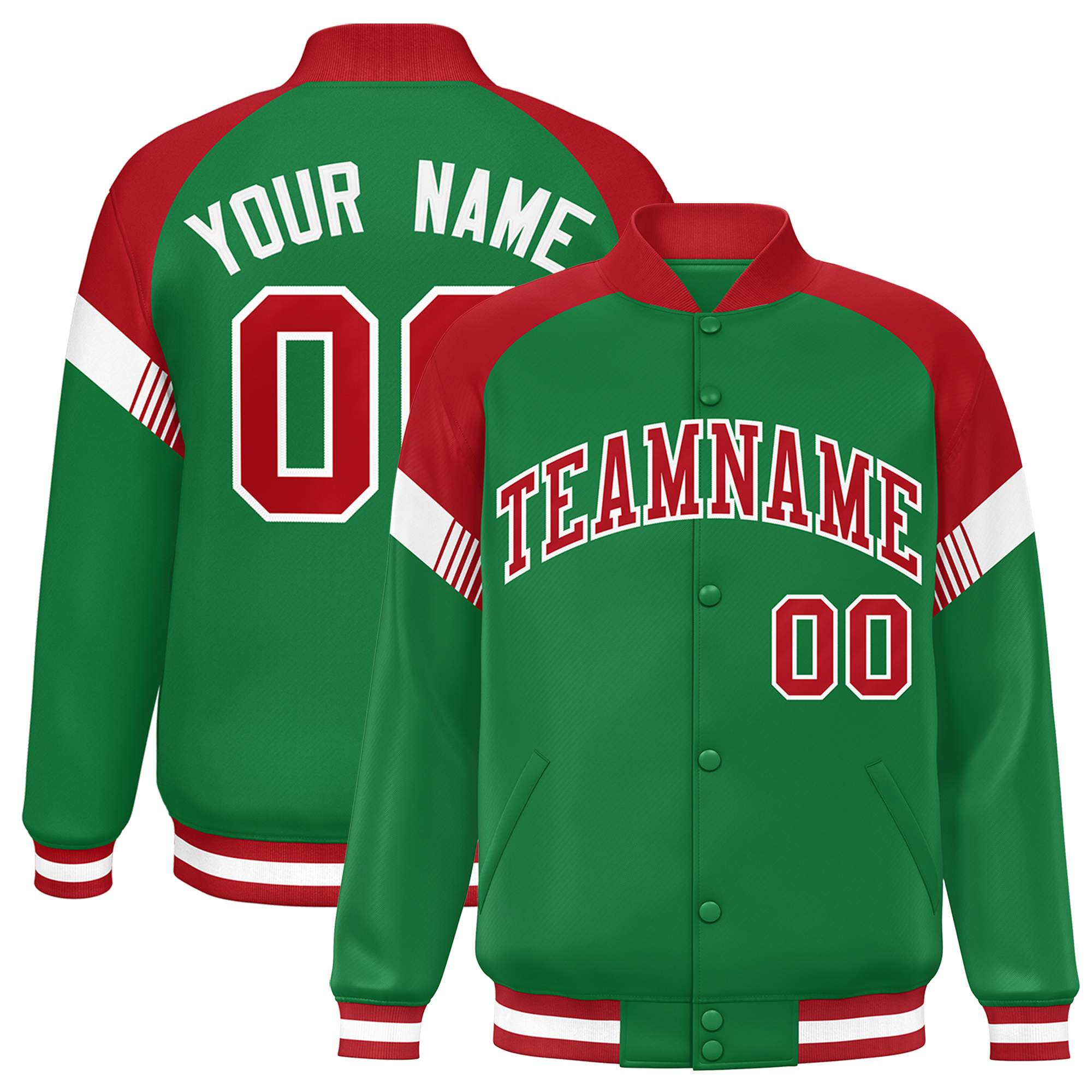 Custom Kelly Green Red-White Varsity Full-Snap Color Block Letterman Jacket