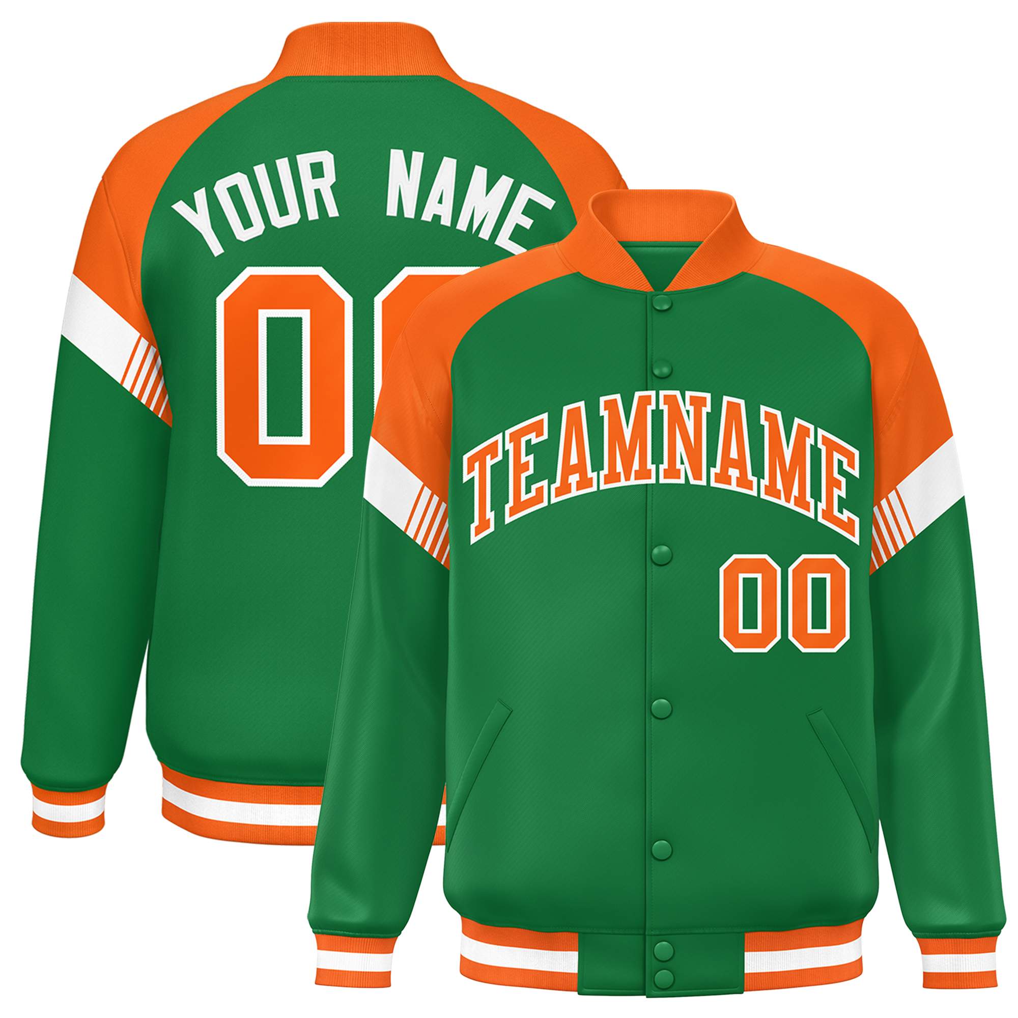 Custom Kelly Green Orange-White Varsity Full-Snap Color Block Letterman Jacket