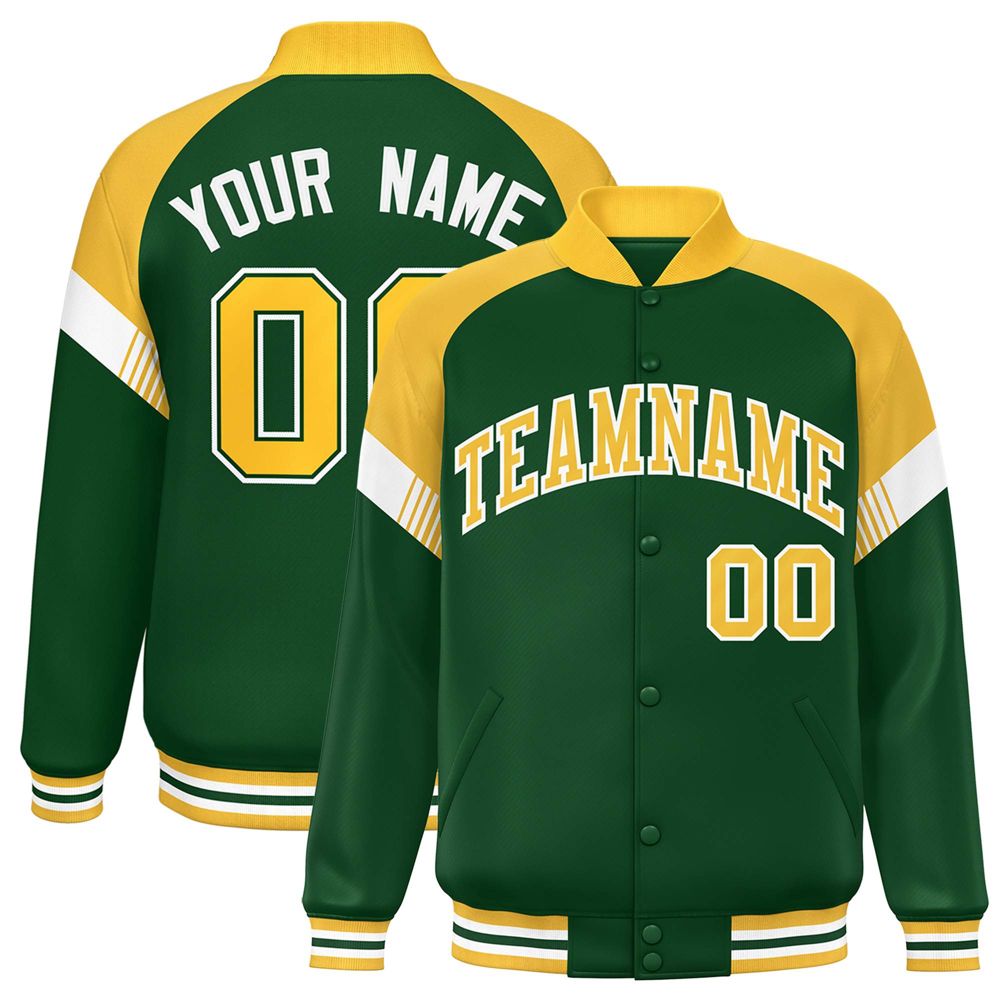 Custom Green Gold-White Varsity Full-Snap Color Block Letterman Jacket