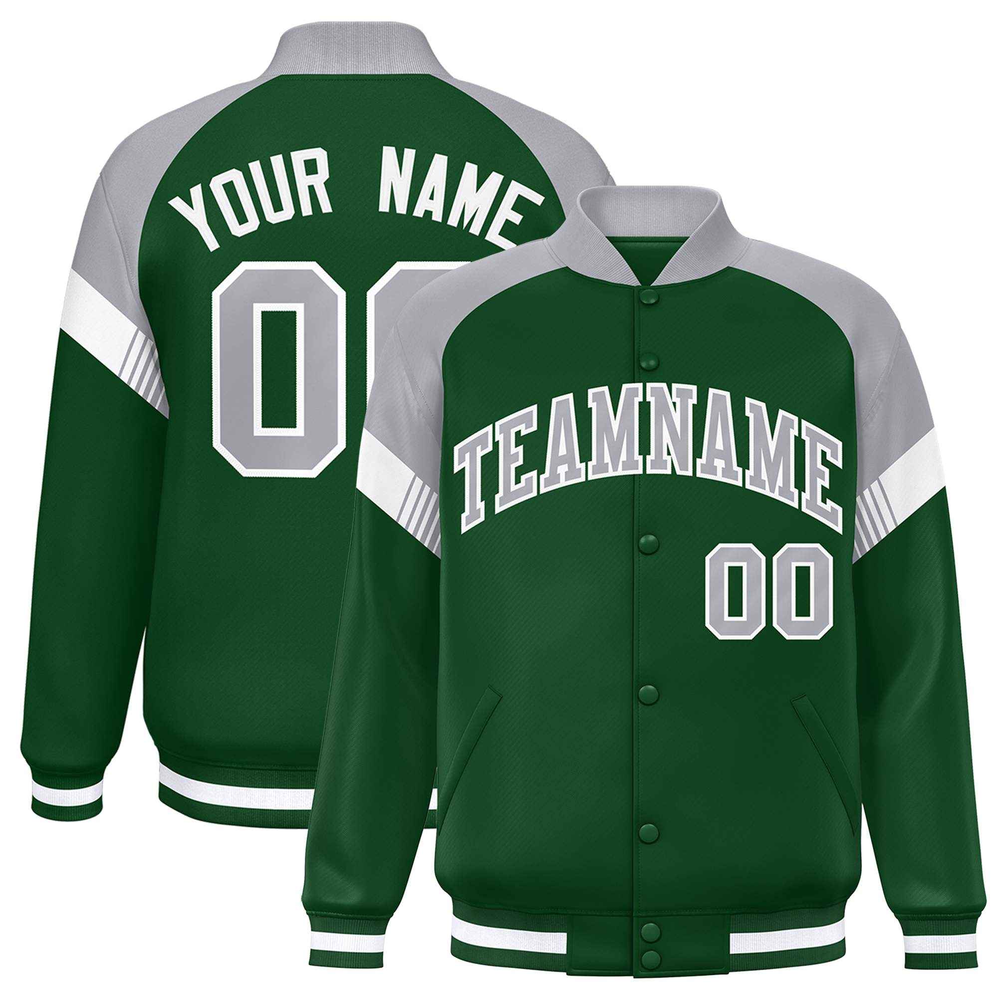 Custom Green Gray-White Varsity Full-Snap Color Block Letterman Jacket