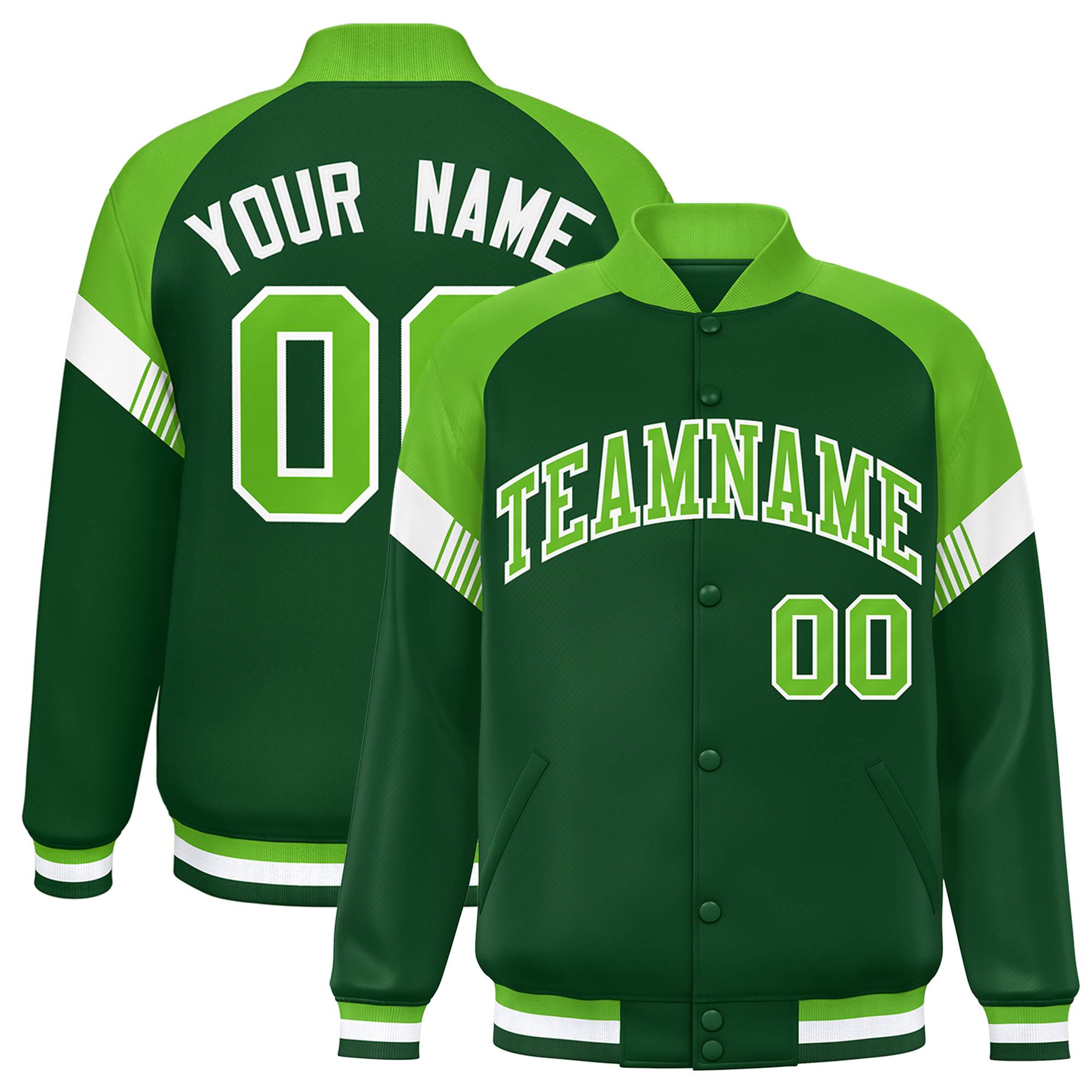 Custom Green Neon Green-White Varsity Full-Snap Color Block Letterman Jacket