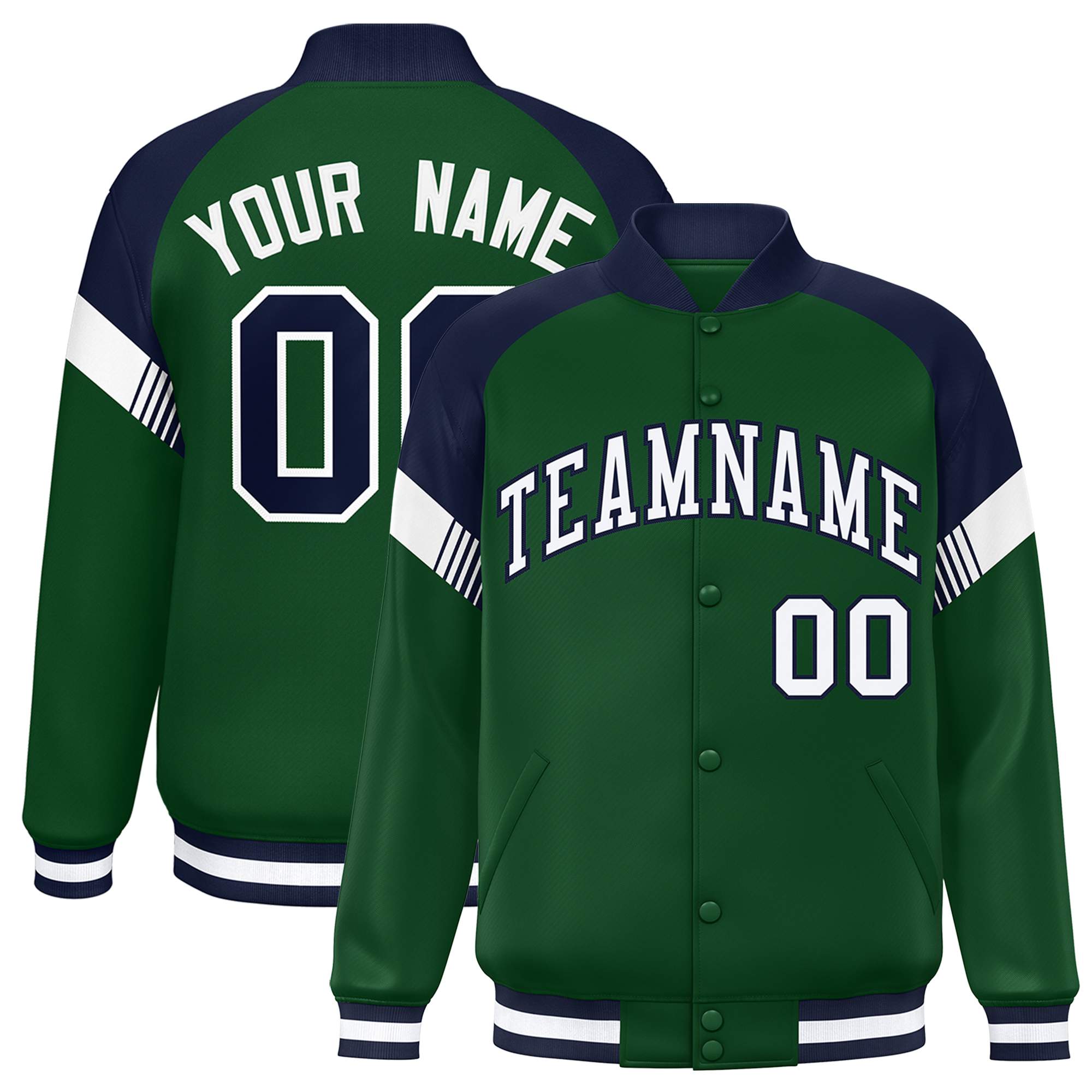 Custom Green Navy-White Varsity Full-Snap Color Block Letterman Jacket