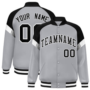 Custom Gray Black-White Varsity Full-Snap Color Block Letterman Jacket