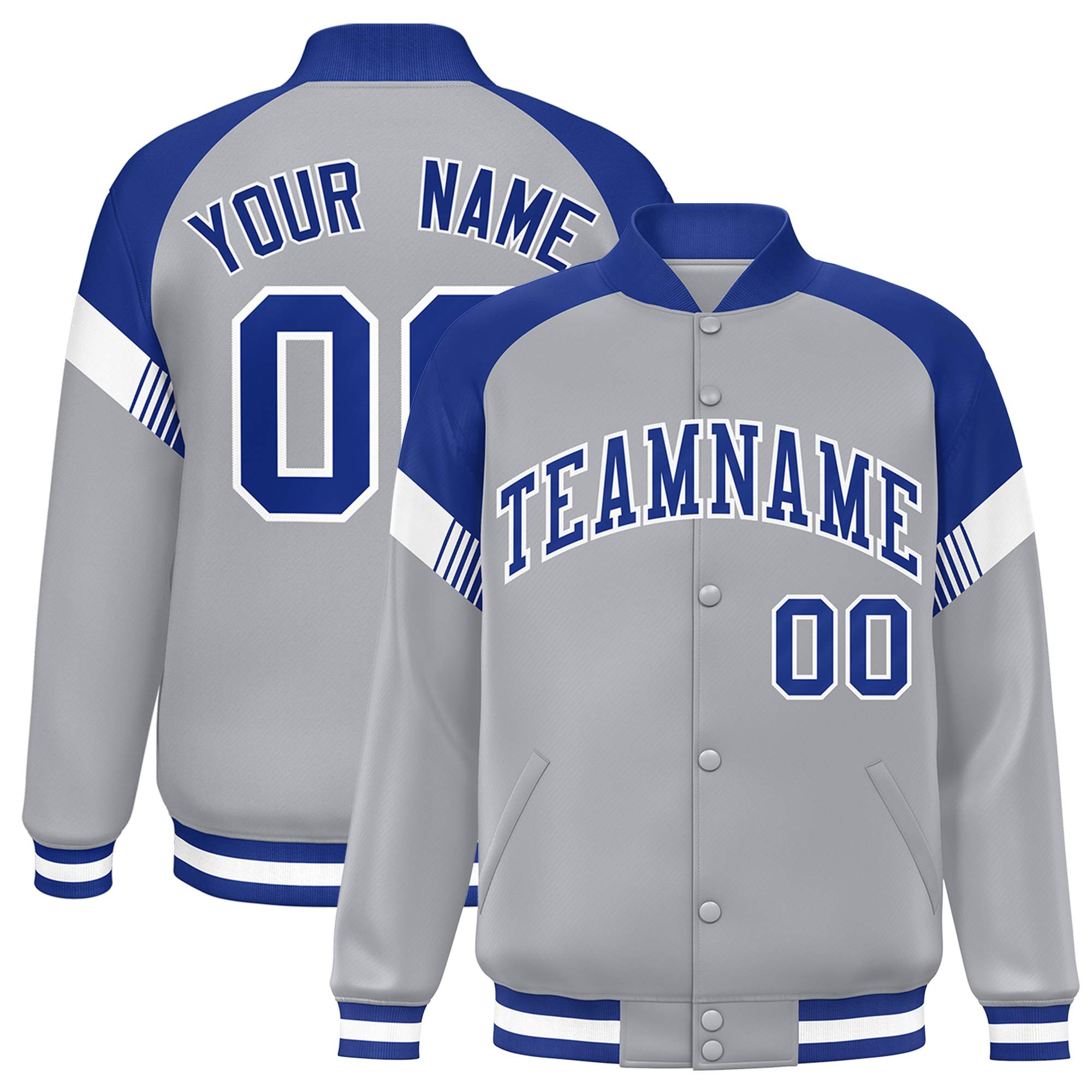 Custom Gray Royal-White Varsity Full-Snap Color Block Letterman Jacket