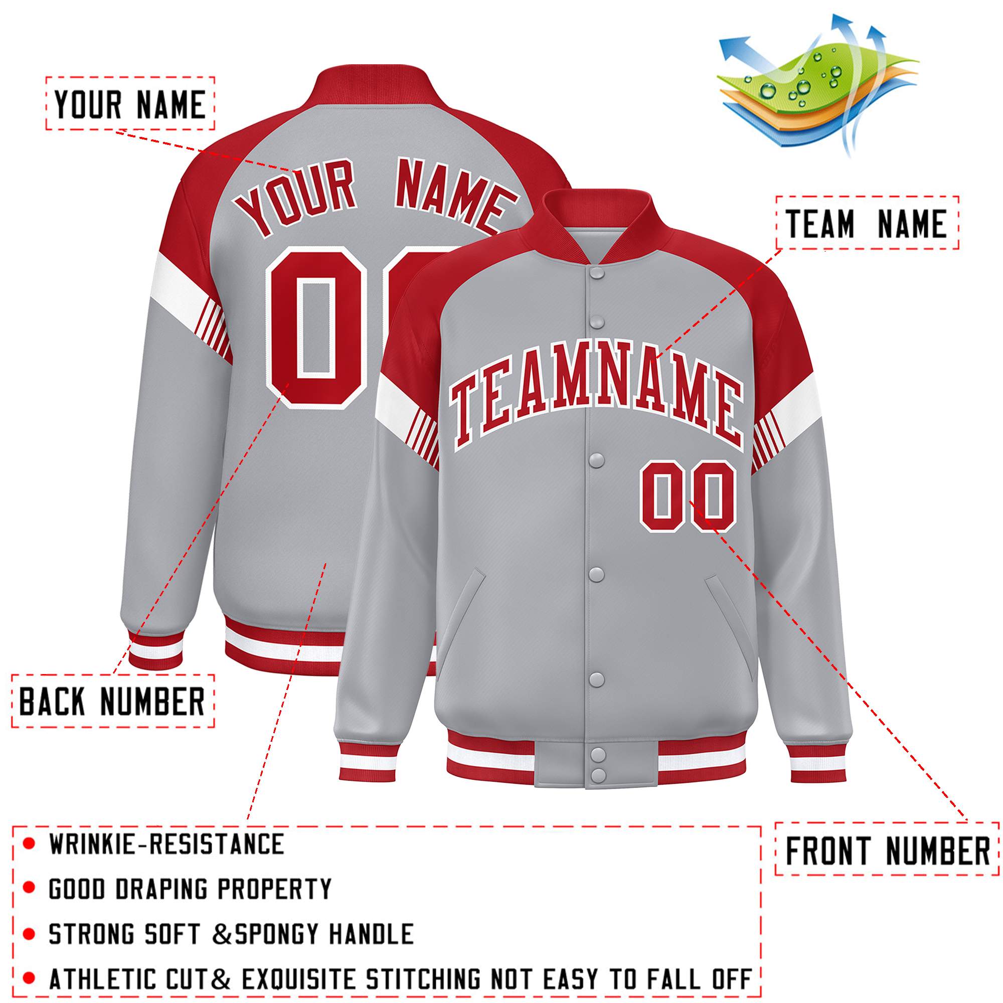 Custom Gray Red-White Varsity Full-Snap Color Block Letterman Jacket