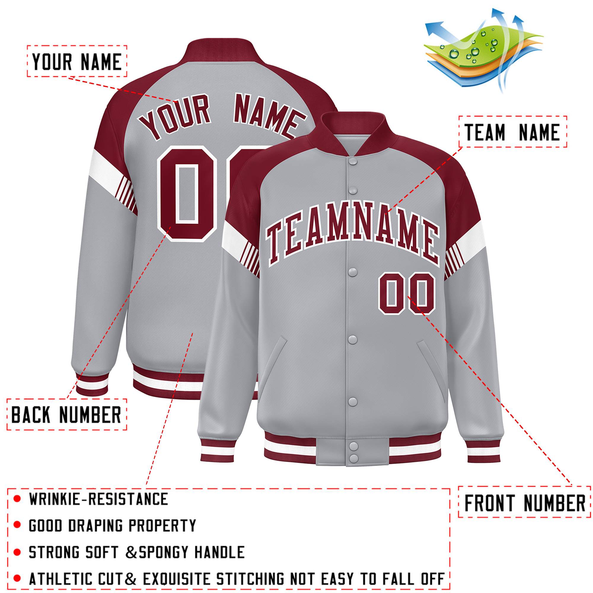 Custom Gray Crimson-White Varsity Full-Snap Color Block Letterman Jacket