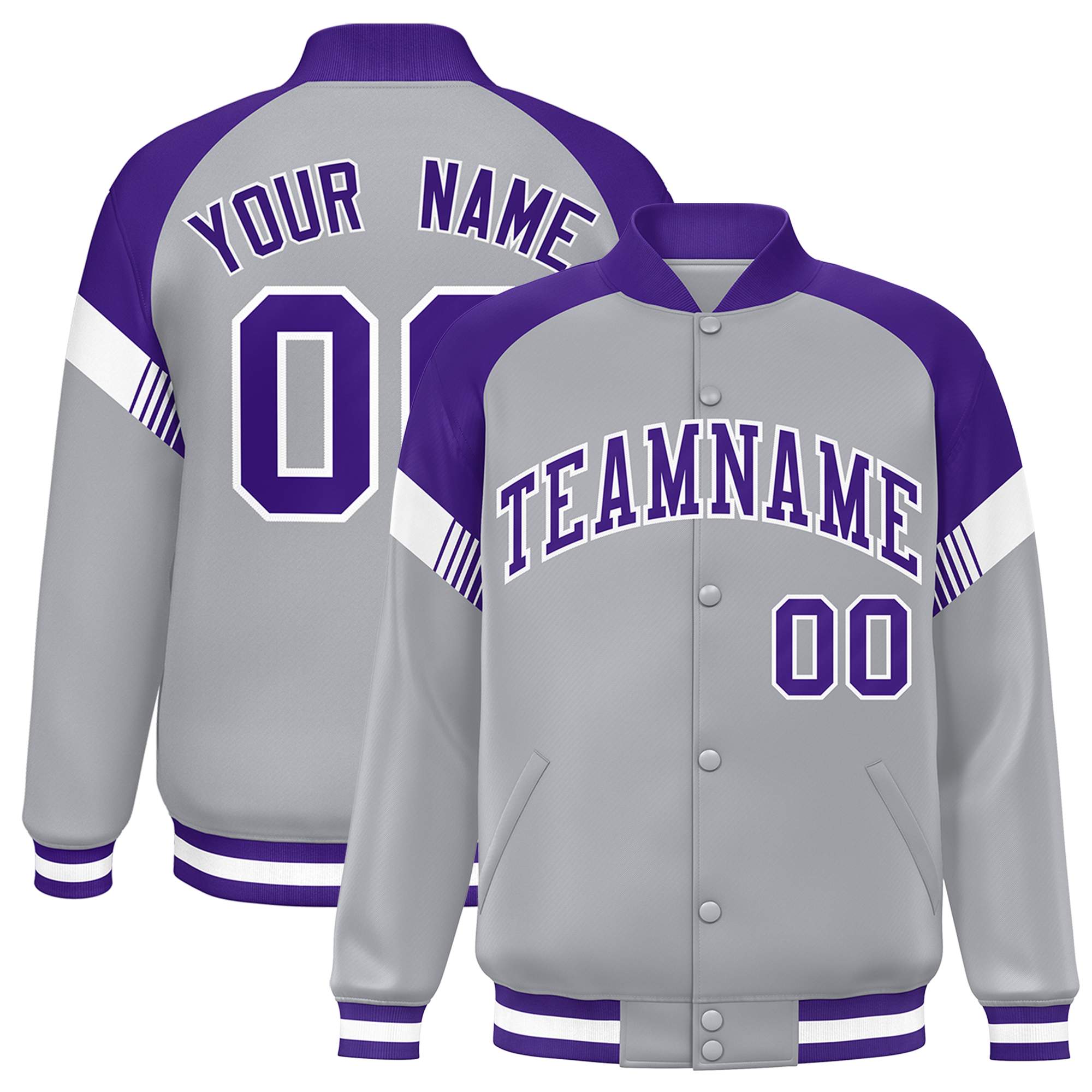 Custom Gray Purple-White Varsity Full-Snap Color Block Letterman Jacket