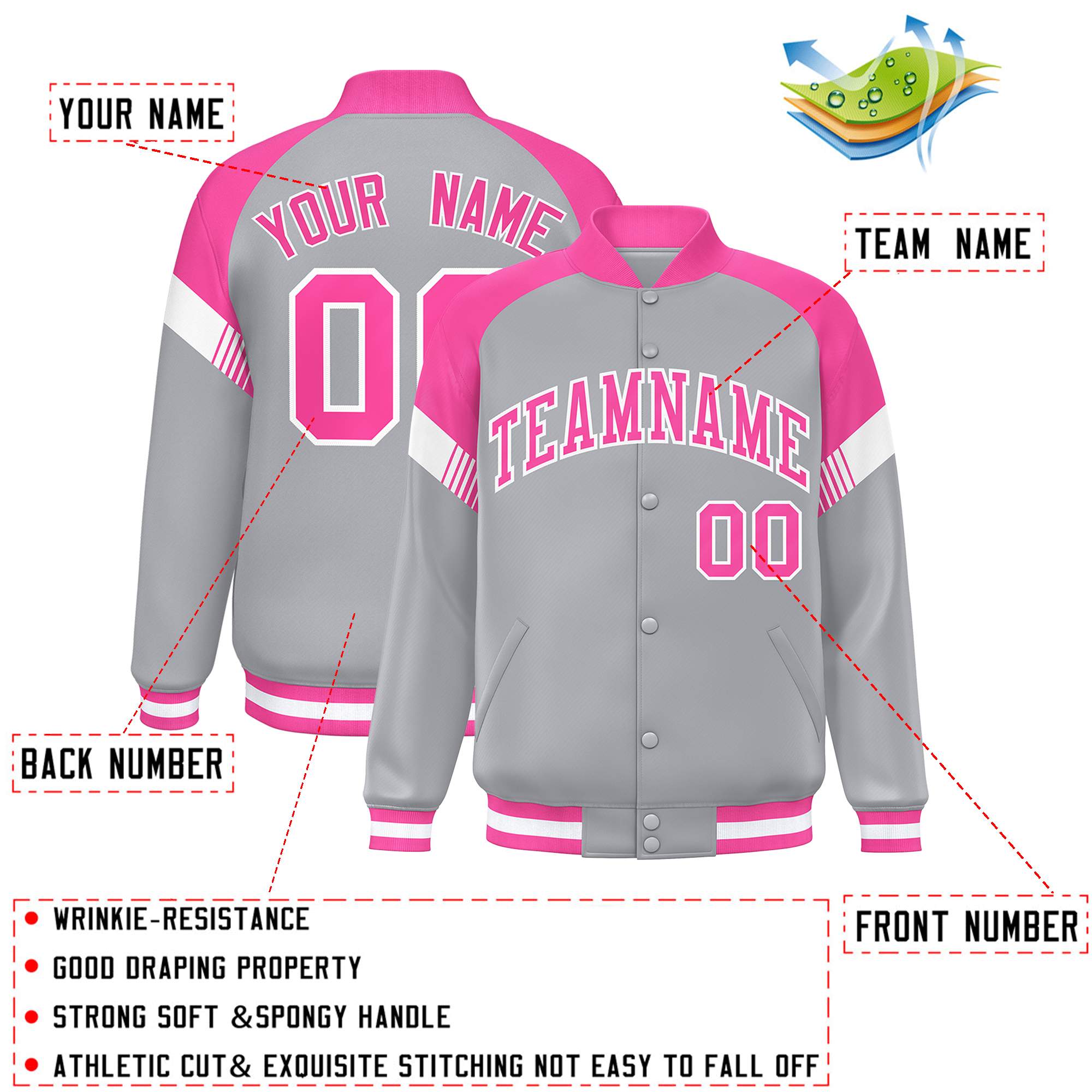 Custom Gray Pink-White Varsity Full-Snap Color Block Letterman Jacket