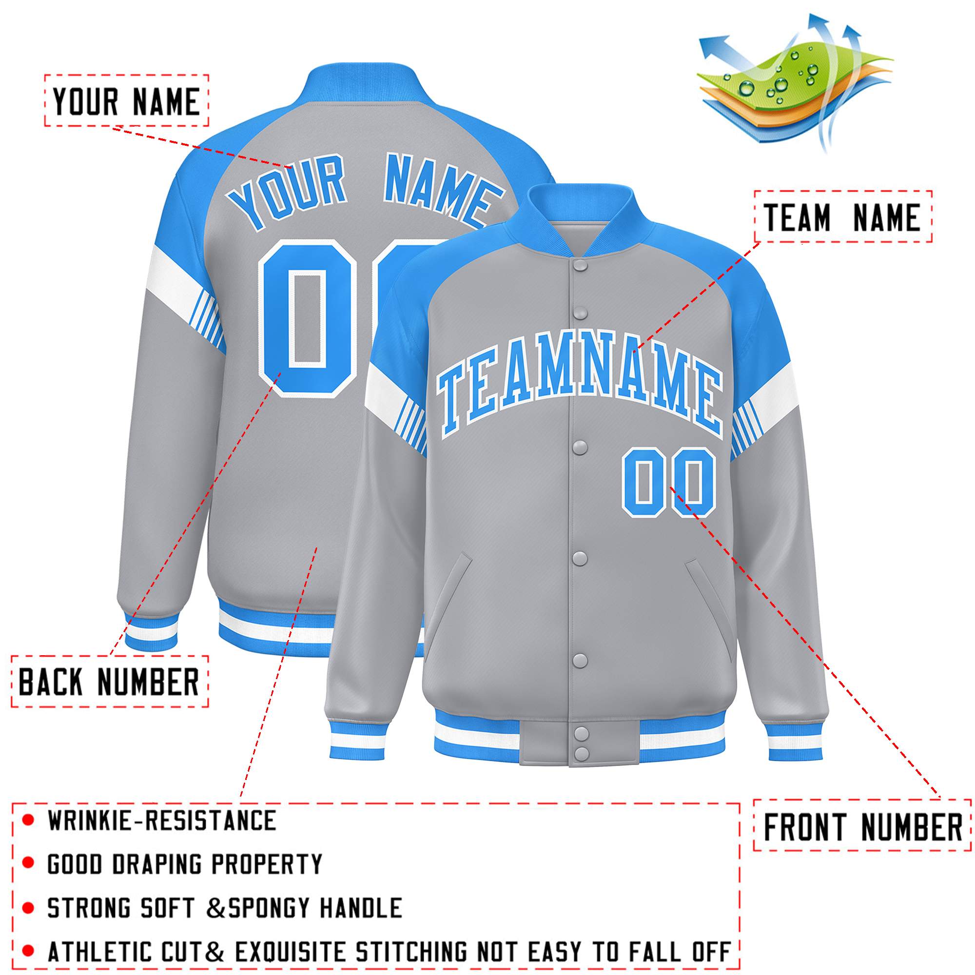 Custom Gray Powder Blue-White Varsity Full-Snap Color Block Letterman Jacket