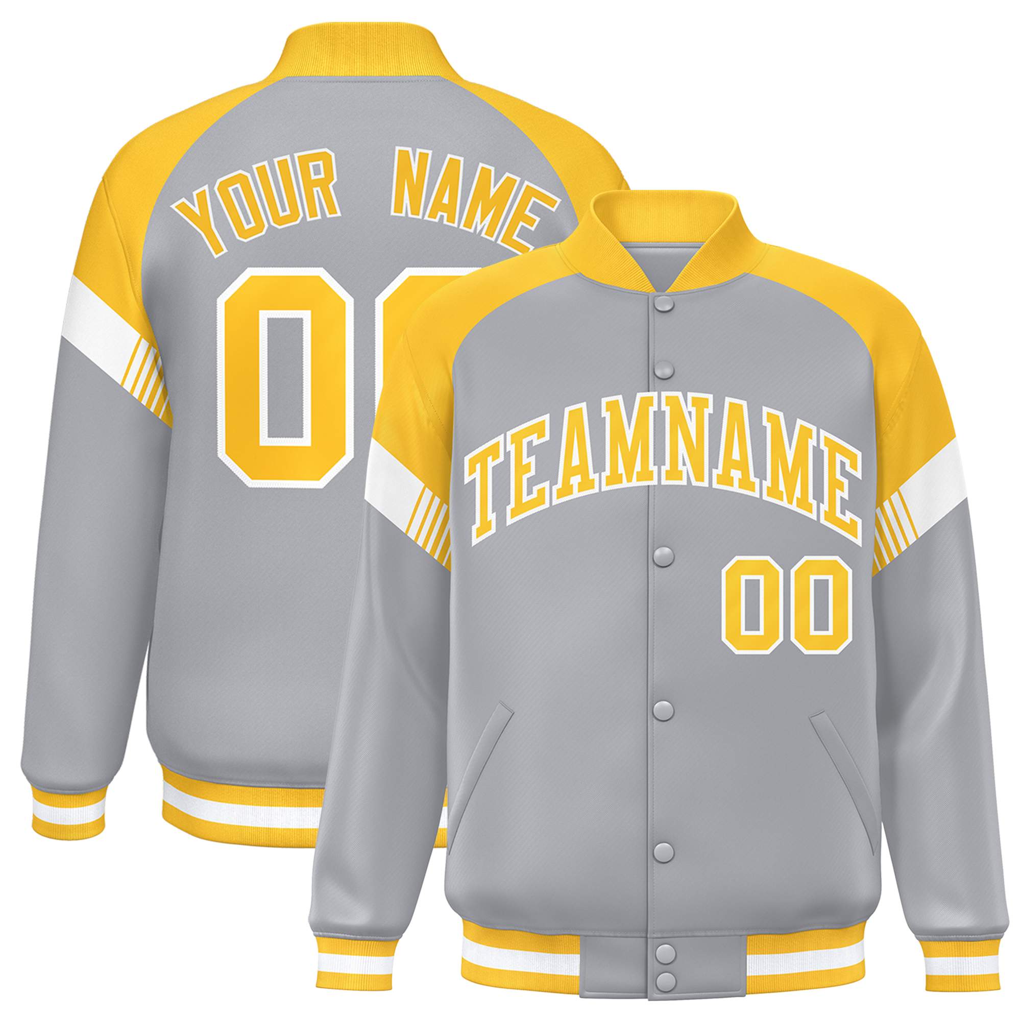 Custom Gray Gold-White Varsity Full-Snap Color Block Letterman Jacket