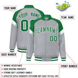 Custom Gray Kelly Green-White Varsity Full-Snap Color Block Letterman Jacket