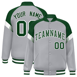 Custom Gray Green-White Varsity Full-Snap Color Block Letterman Jacket