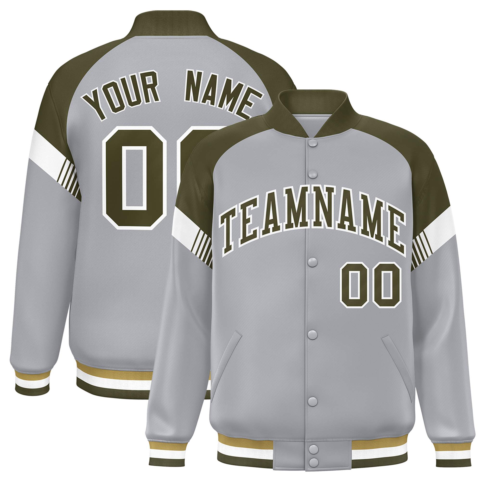 Custom Gray Olive-White Varsity Full-Snap Color Block Letterman Jacket