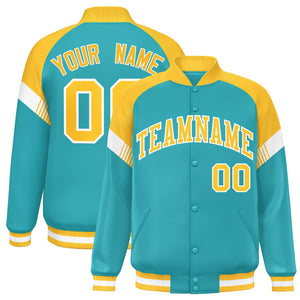 Custom Aqua Gold-White Varsity Full-Snap Color Block Letterman Jacket