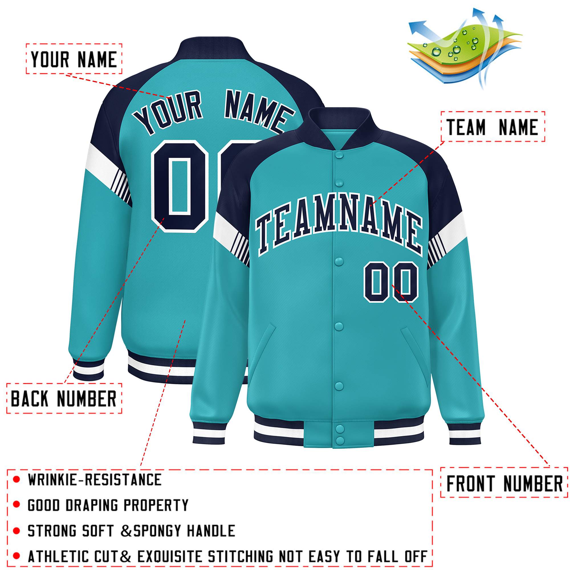 Custom Aqua Navy-White Varsity Full-Snap Color Block Letterman Jacket