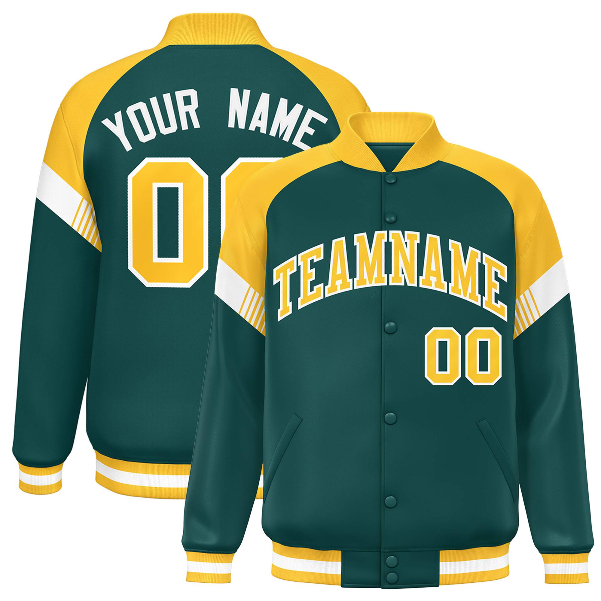 Custom Midnight Green Gold-White Varsity Full-Snap Color Block Letterman Jacket