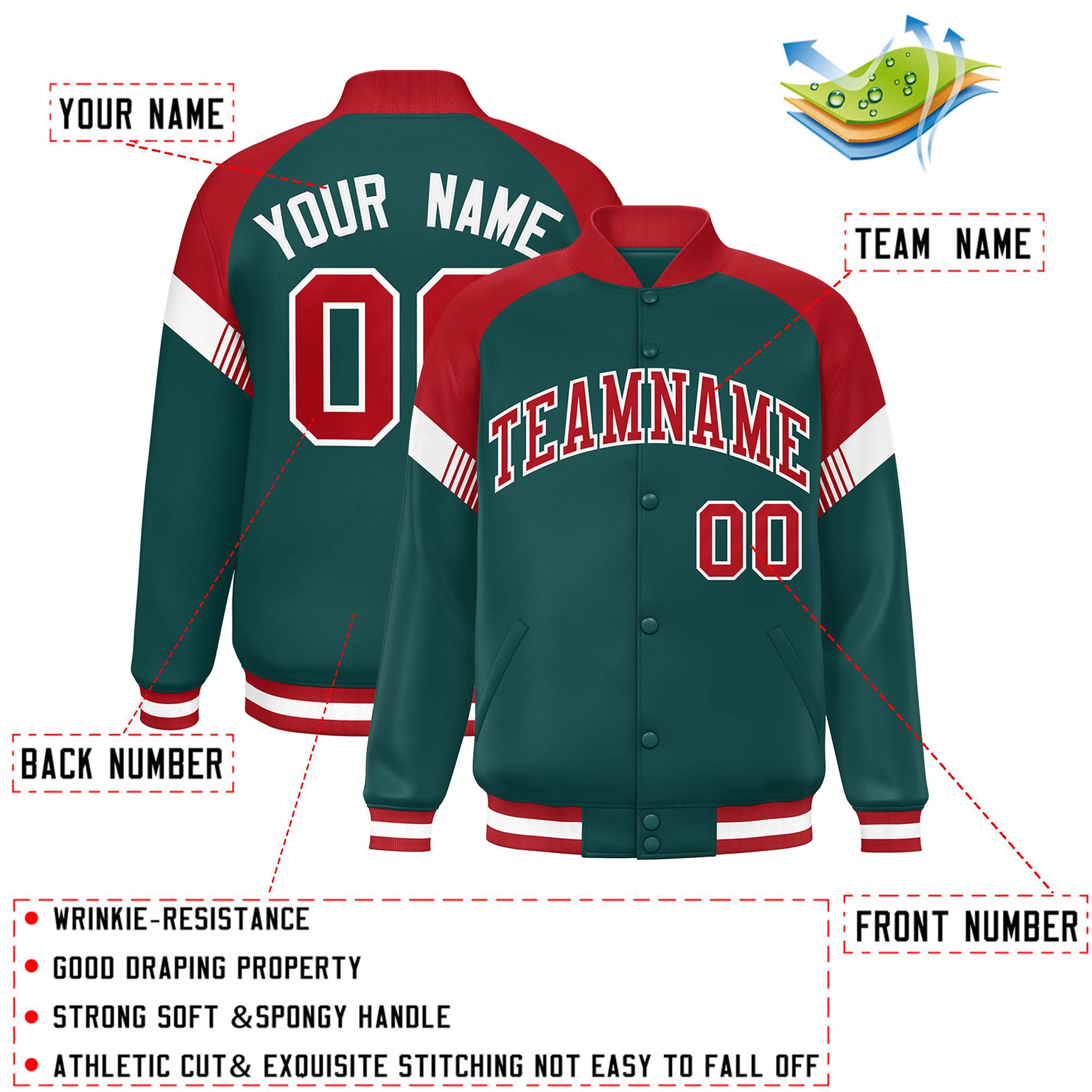 Custom Midnight Green Red-White Varsity Full-Snap Color Block Letterman Jacket