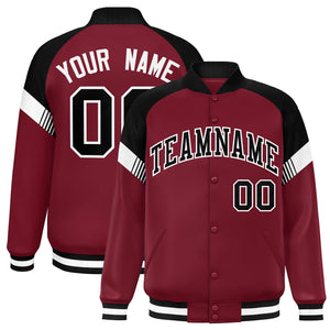 Custom Crimson Black-White Varsity Full-Snap Color Block Letterman Jacket