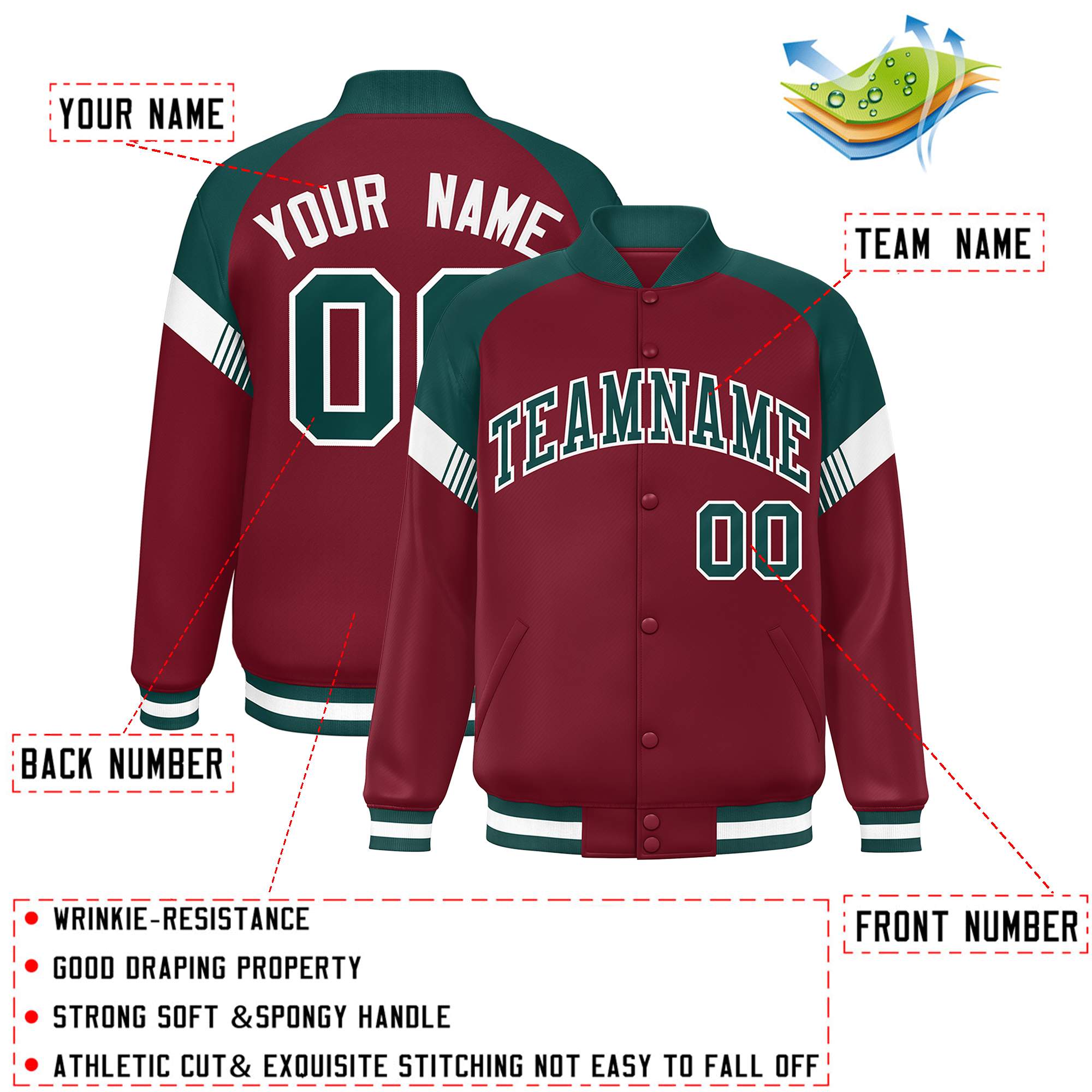 Custom Crimson Midnight Green-White Varsity Full-Snap Color Block Letterman Jacket