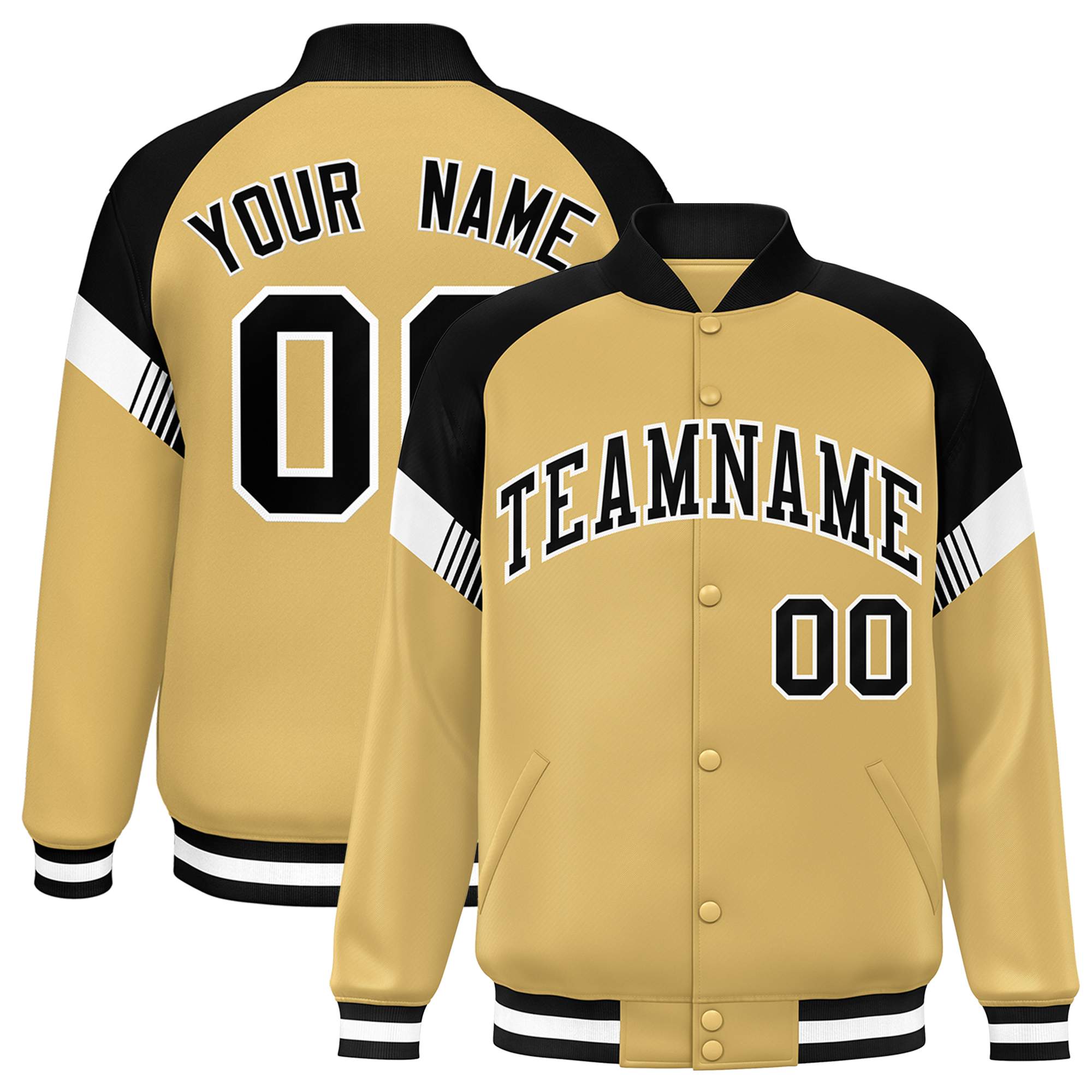 Custom Old Gold Black-White Varsity Full-Snap Color Block Letterman Jacket