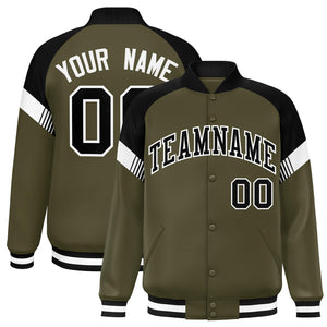 Custom Olive Black-White Varsity Full-Snap Color Block Letterman Jacket