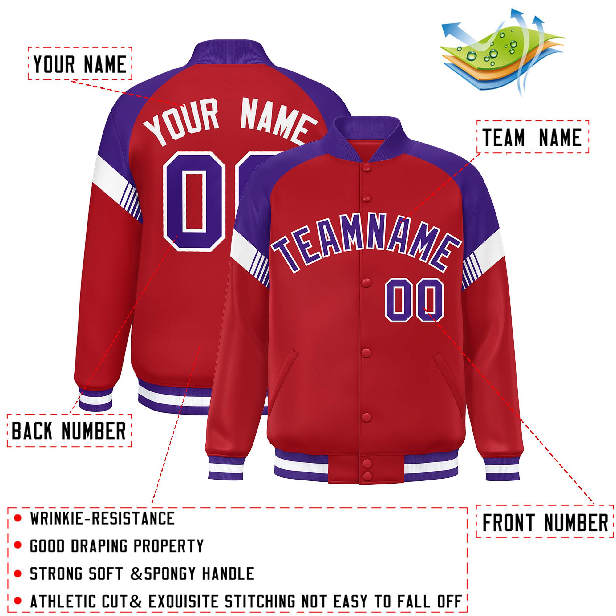 Custom Red Purple-White Varsity Full-Snap Color Block Letterman Jacket