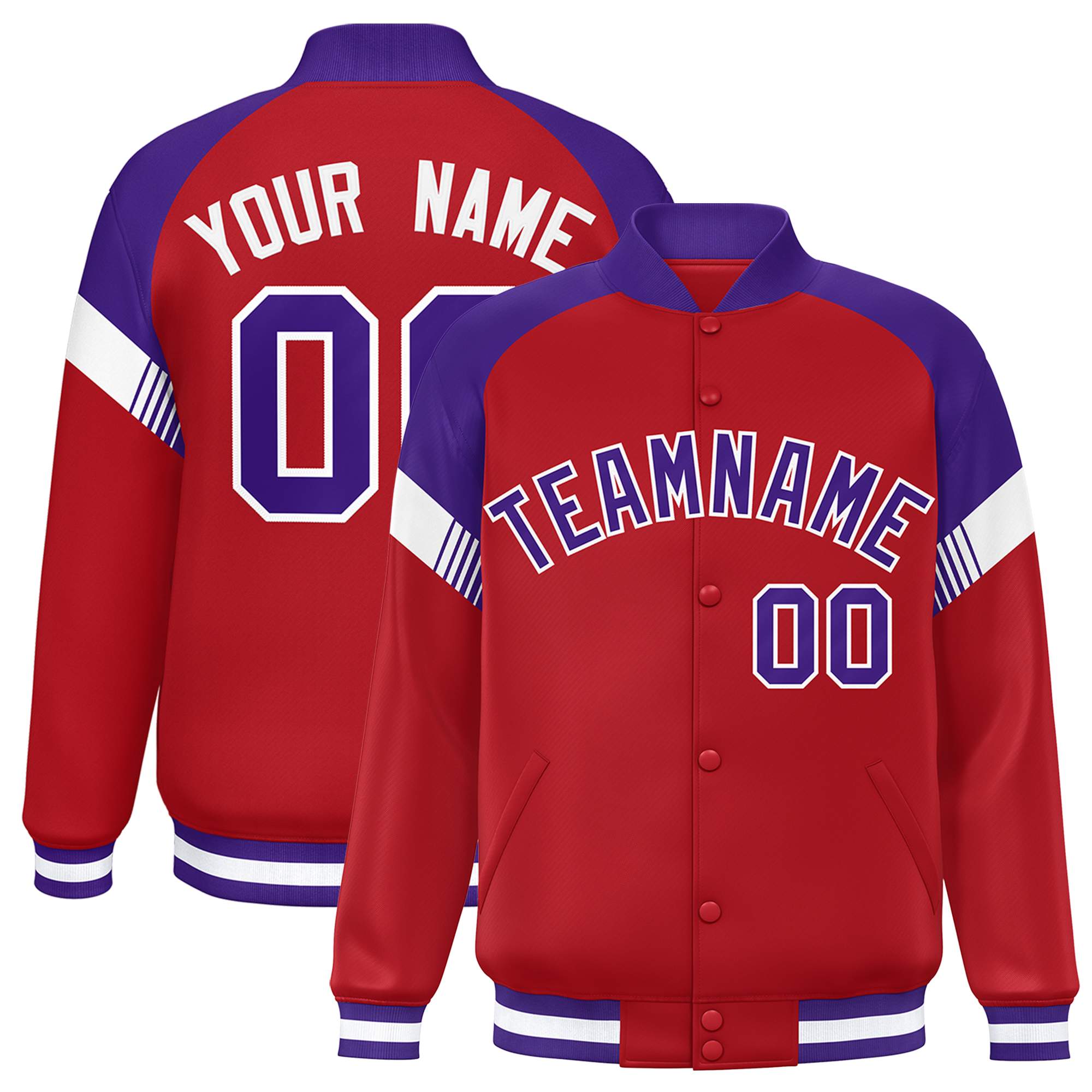 Custom Red Purple-White Varsity Full-Snap Color Block Letterman Jacket