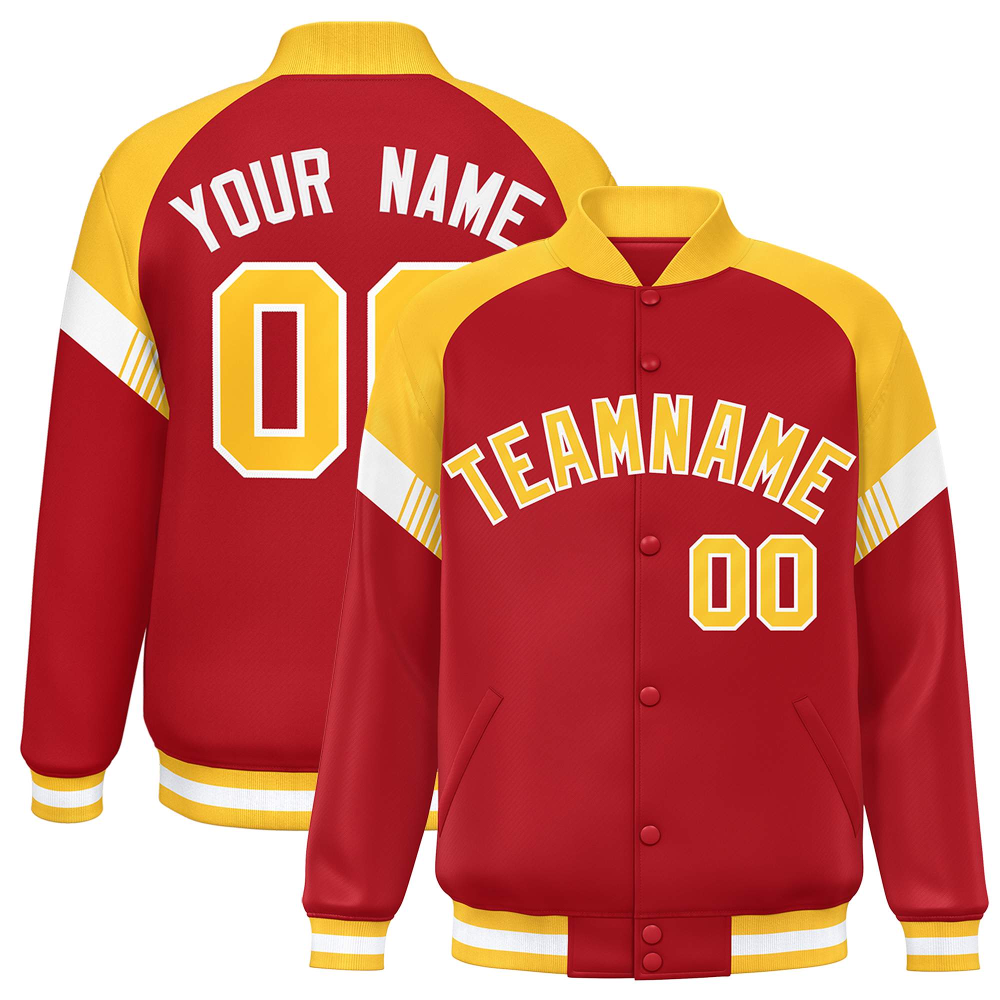 Custom Red Gold-White Varsity Full-Snap Color Block Letterman Jacket