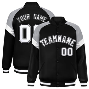 Custom Black Gray-White Varsity Full-Snap Color Block Letterman Jacket