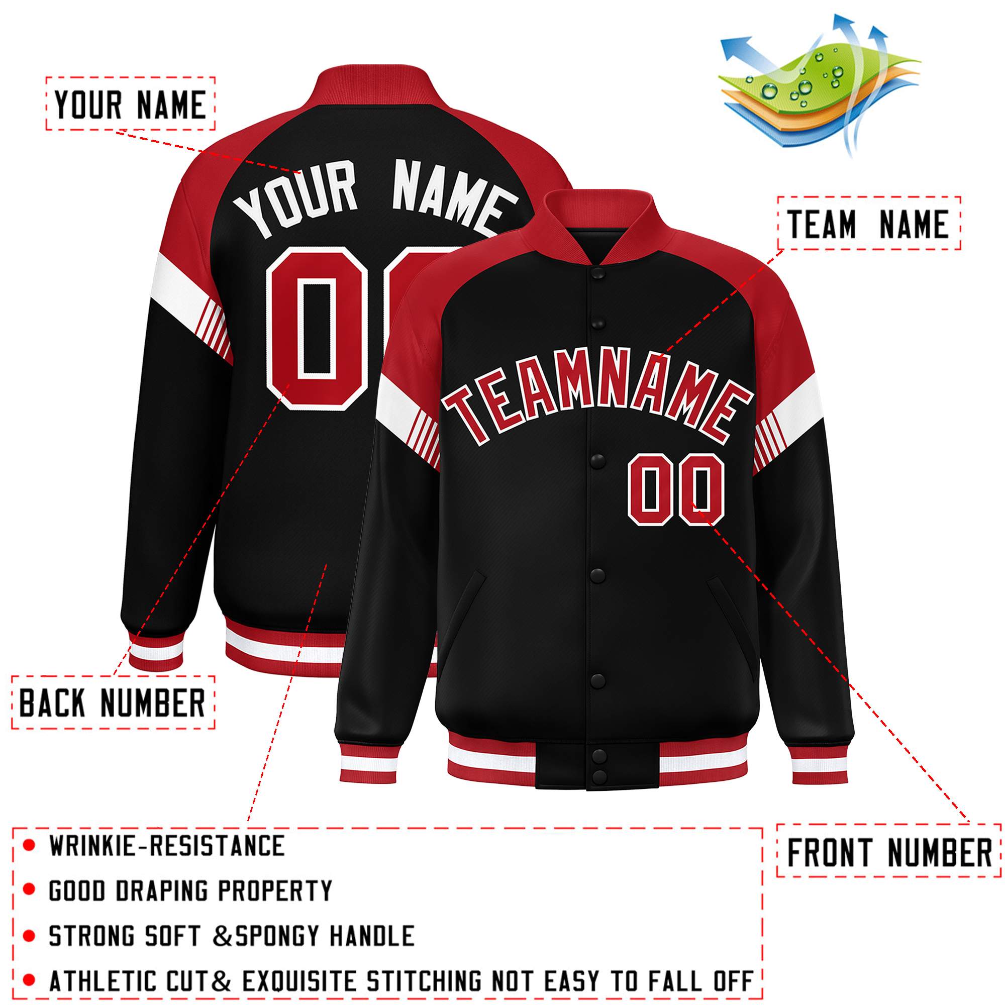 Custom Black Red-White Varsity Full-Snap Color Block Letterman Jacket