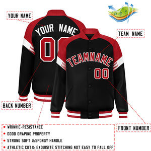 Custom Black Red-White Varsity Full-Snap Color Block Letterman Jacket