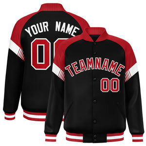 Custom Black Red-White Varsity Full-Snap Color Block Letterman Jacket