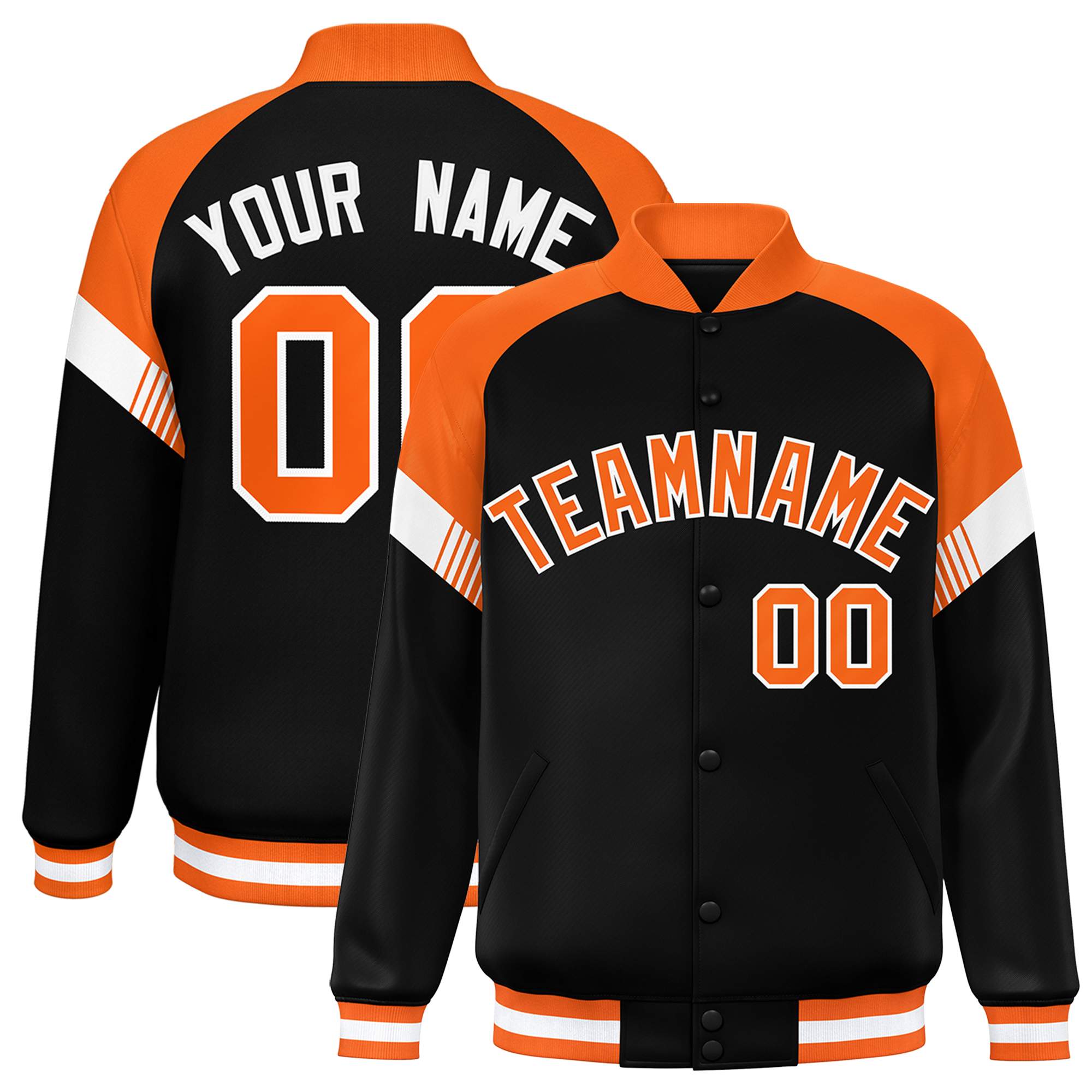 Custom Black Orange-White Varsity Full-Snap Color Block Letterman Jacket