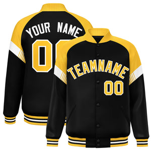 Custom Black Gold-White Varsity Full-Snap Color Block Letterman Jacket