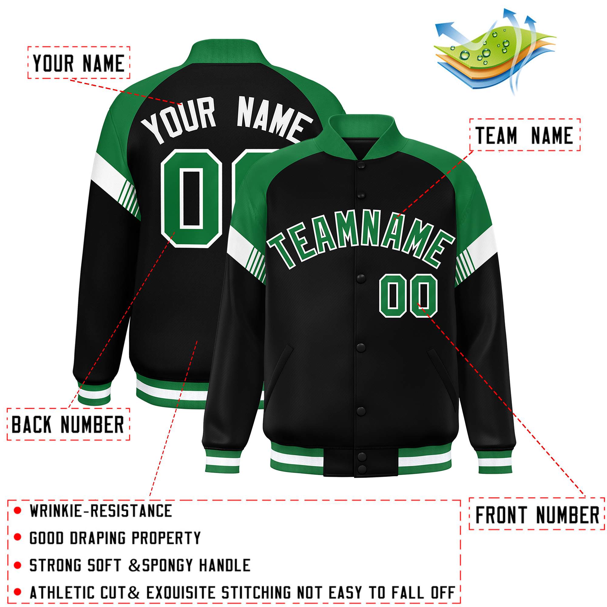 Custom Black Kelly Green-White Varsity Full-Snap Color Block Letterman Jacket