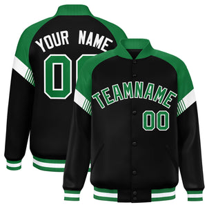 Custom Black Kelly Green-White Varsity Full-Snap Color Block Letterman Jacket