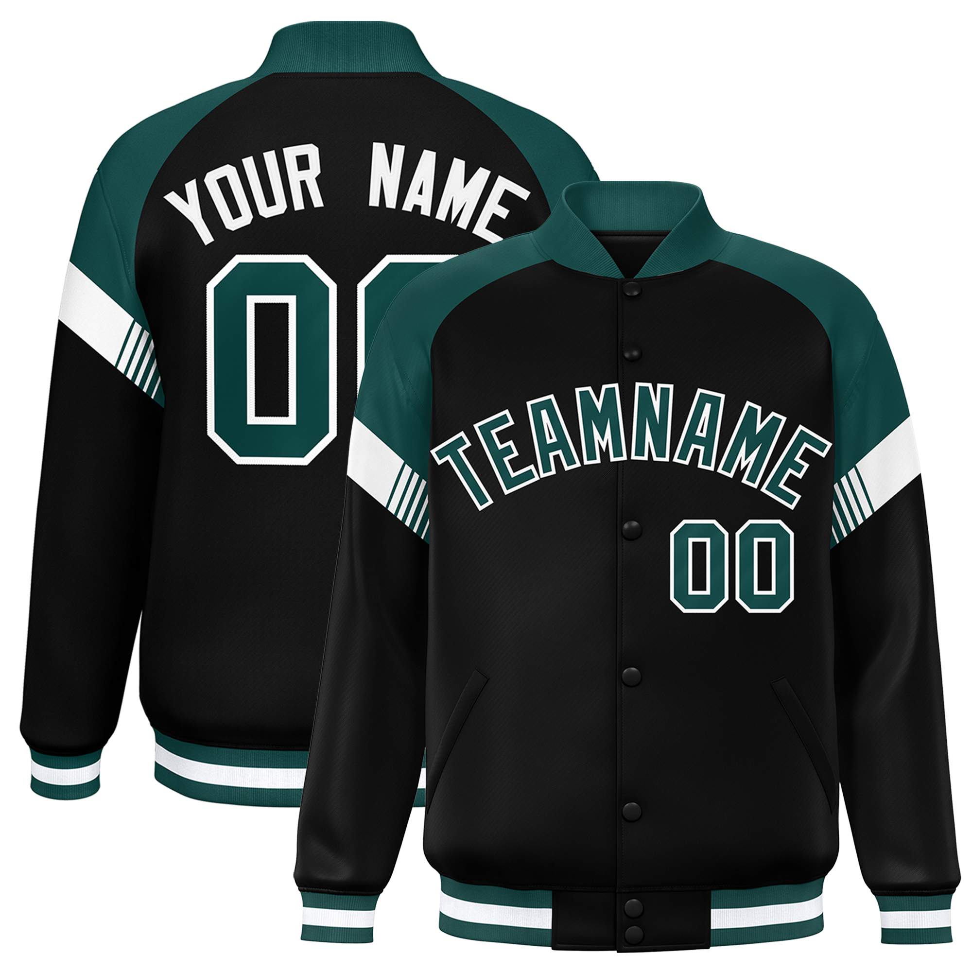 Custom Black Midnight Green-White Varsity Full-Snap Color Block Letterman Jacket