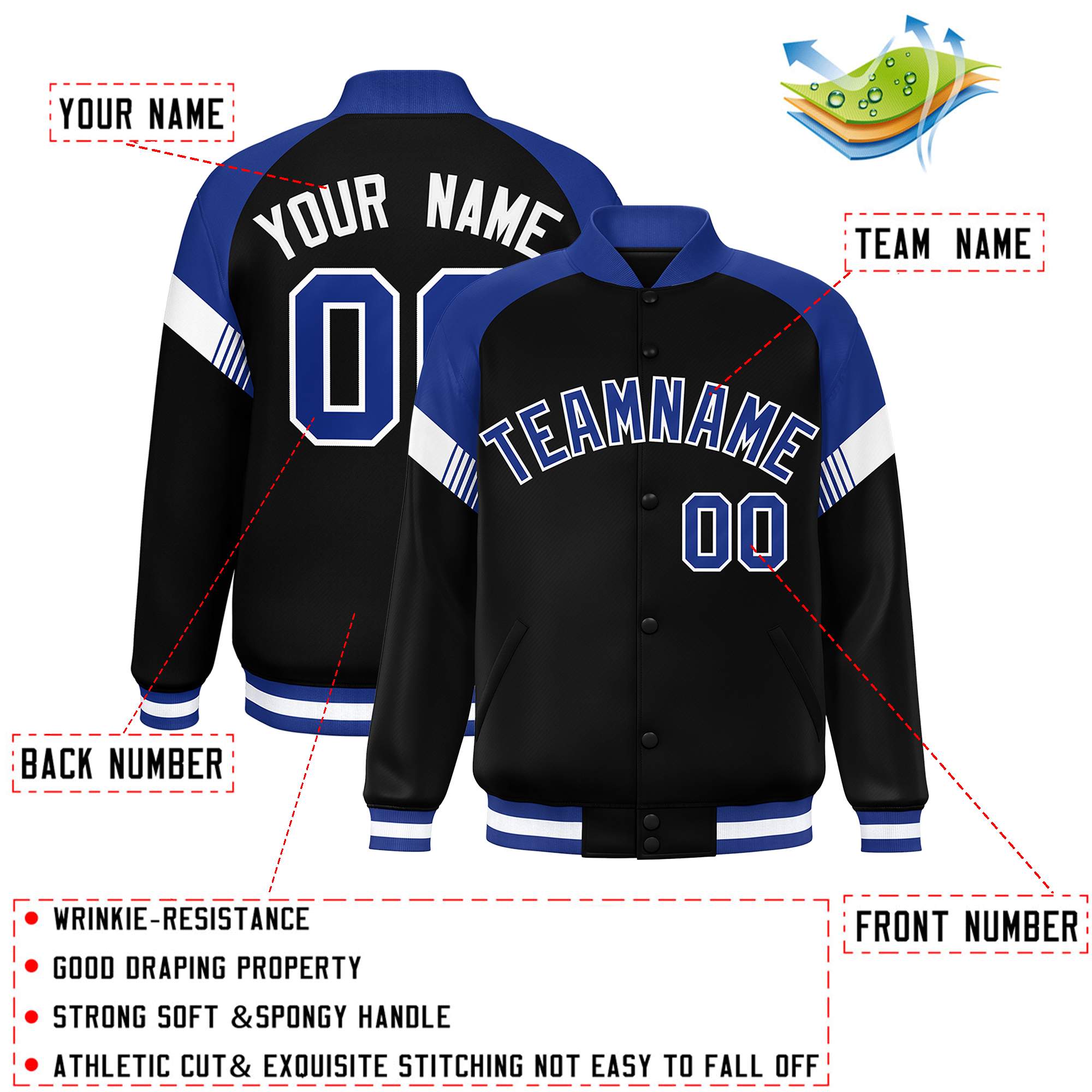 Custom Black Royal-White Varsity Full-Snap Color Block Letterman Jacket