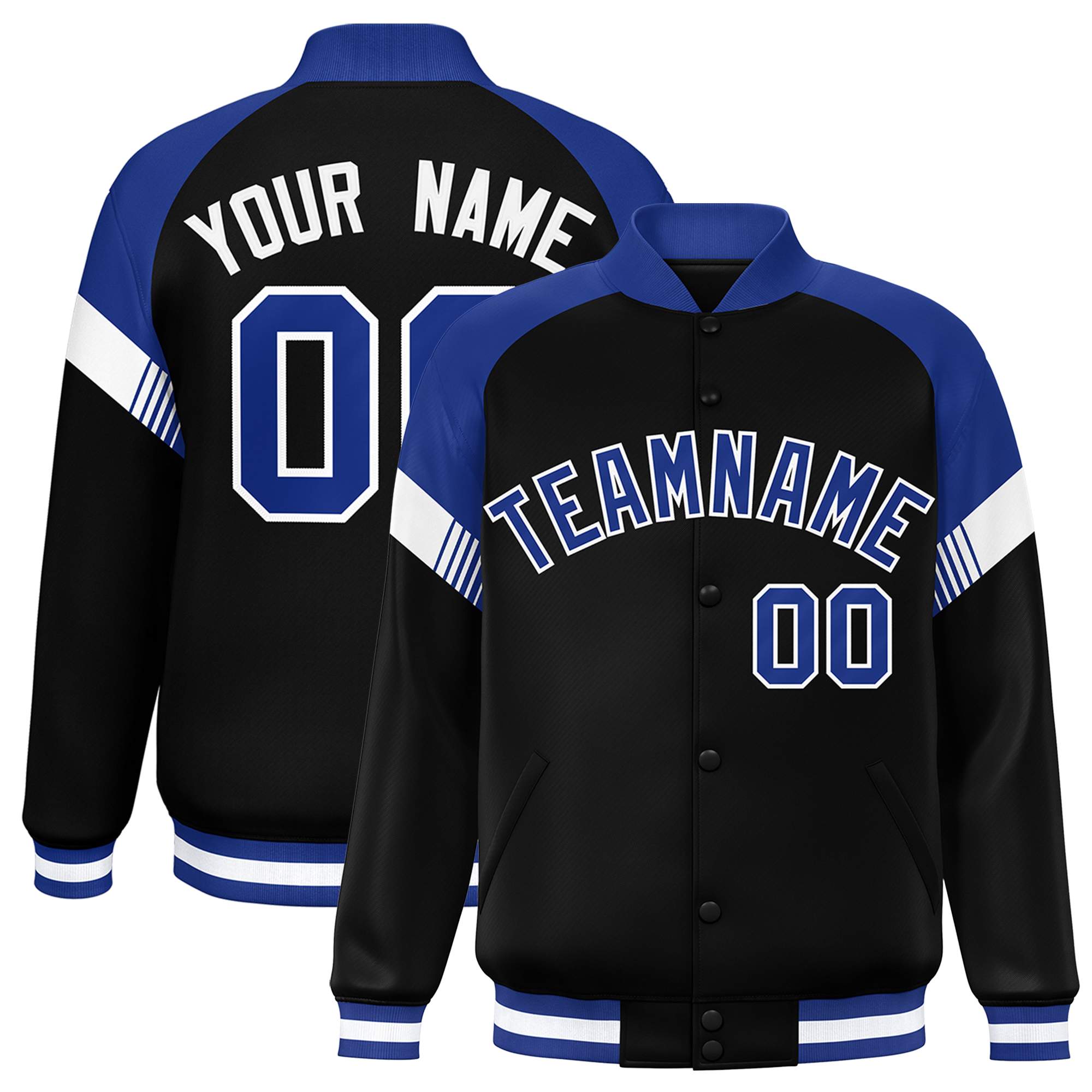 Custom Black Royal-White Varsity Full-Snap Color Block Letterman Jacket