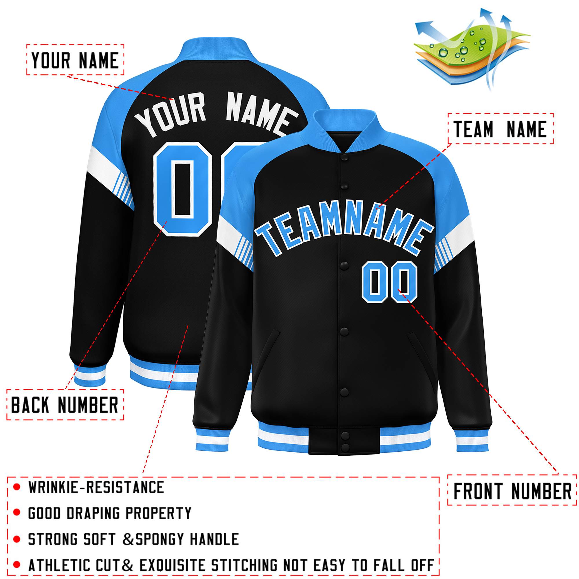 Custom Black Powder Blue-White Varsity Full-Snap Color Block Letterman Jacket