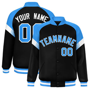 Custom Black Powder Blue-White Varsity Full-Snap Color Block Letterman Jacket