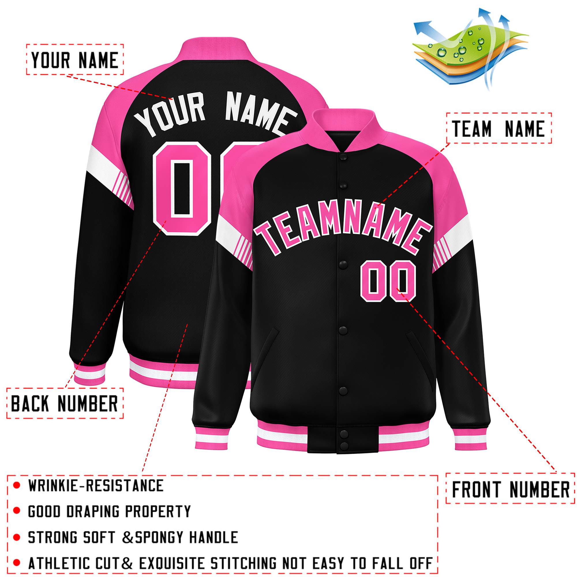 Custom Black Pink-White Varsity Full-Snap Color Block Letterman Jacket