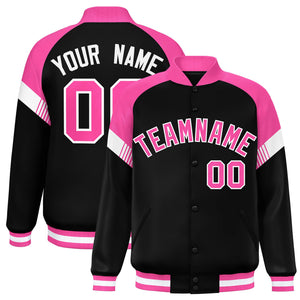 Custom Black Pink-White Varsity Full-Snap Color Block Letterman Jacket