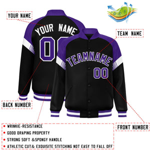 Custom Black Purple-White Varsity Full-Snap Color Block Letterman Jacket