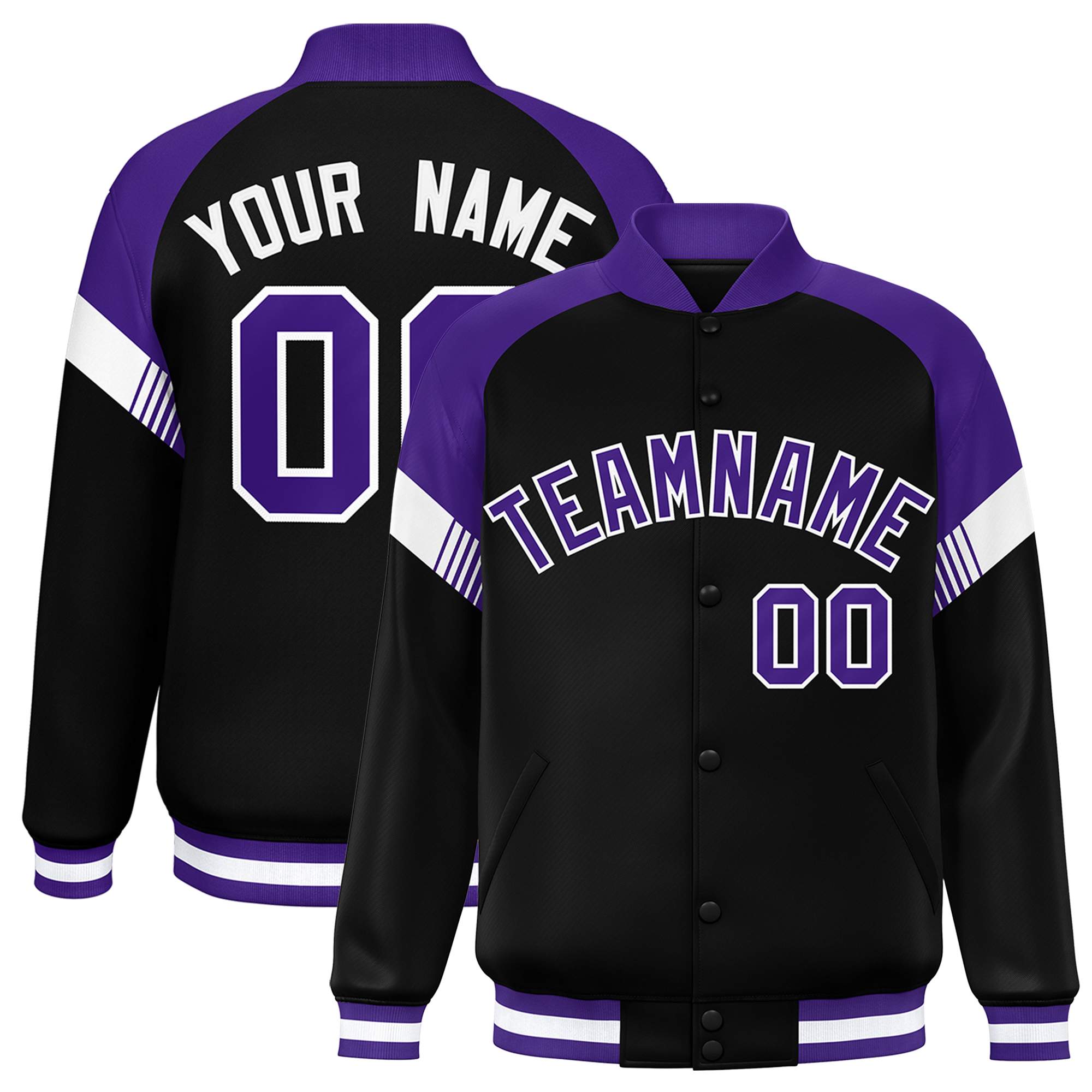 Custom Black Purple-White Varsity Full-Snap Color Block Letterman Jacket