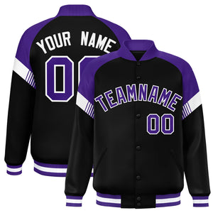 Custom Black Purple-White Varsity Full-Snap Color Block Letterman Jacket