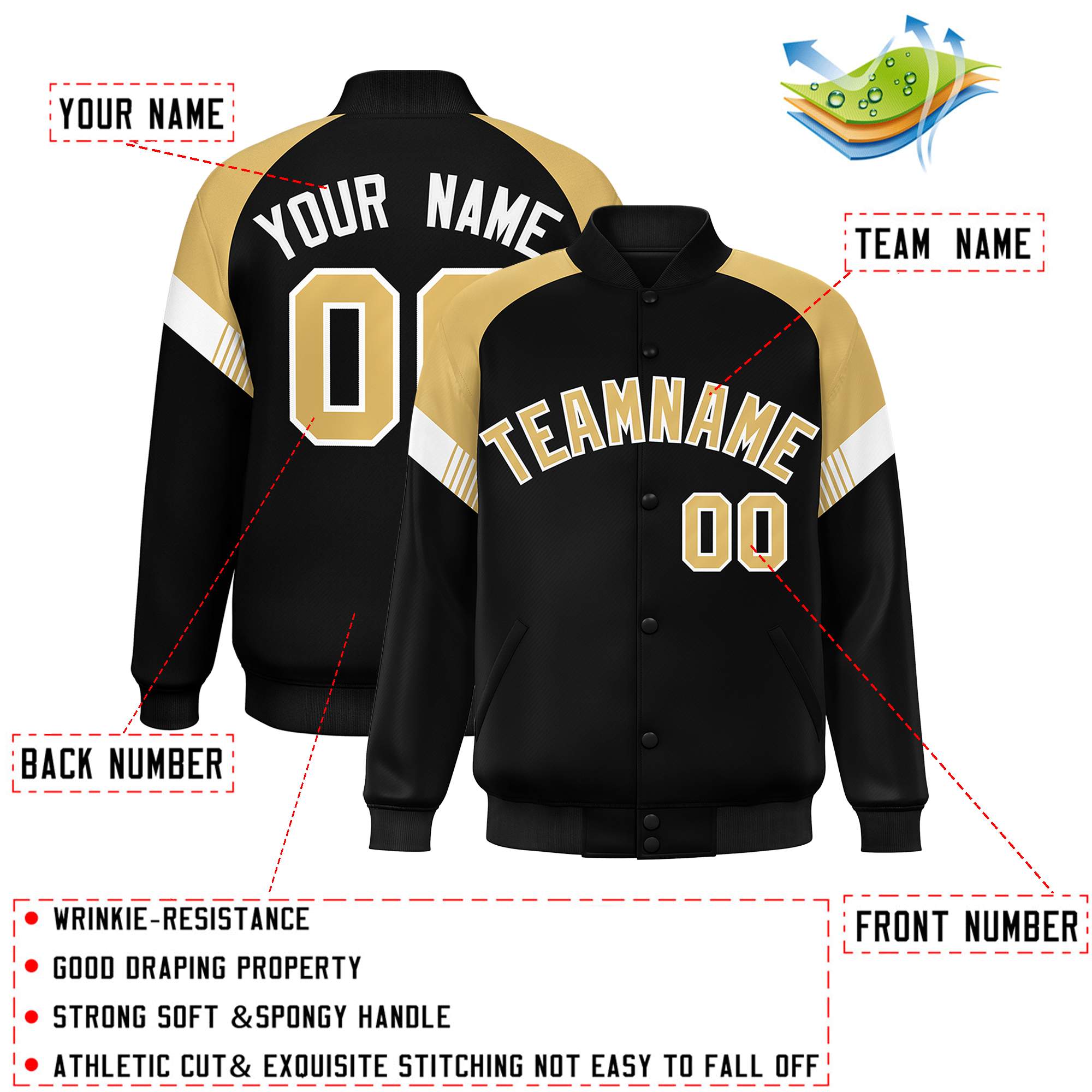 Custom Black Old Gold-White Varsity Full-Snap Color Block Letterman Jacket