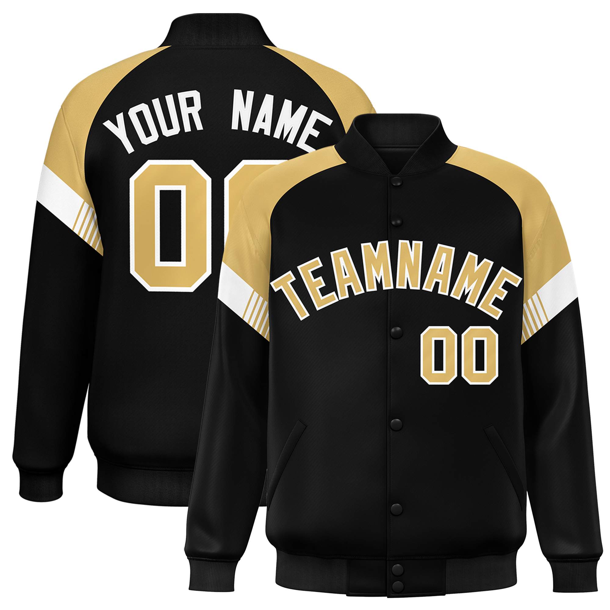 Custom Black Old Gold-White Varsity Full-Snap Color Block Letterman Jacket