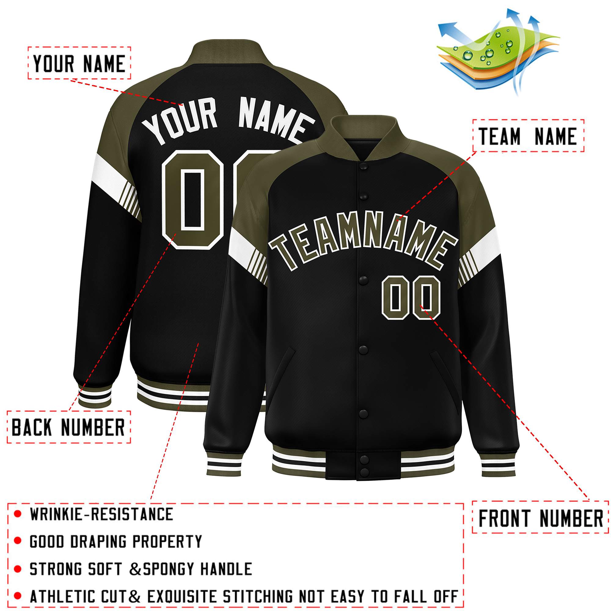 Custom Black Olive-White Varsity Full-Snap Color Block Letterman Jacket